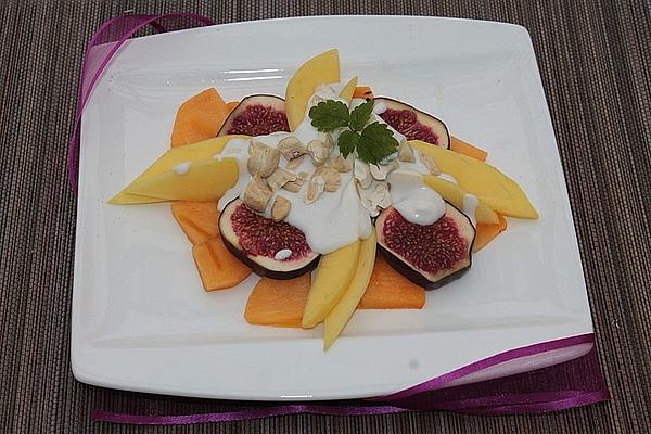 Fig, Mango and Sharon Salad with Coconut Dressing and Cashew Nuts