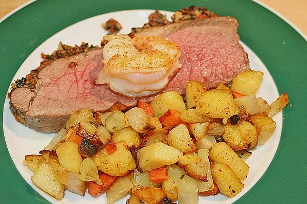 Firebird`s Roast Beef Under Olive – Tomato Crust with Rosemary Vegetables