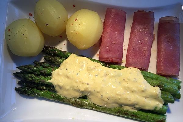 Grilled Green Asparagus with Ginger Hollandaise and Ham