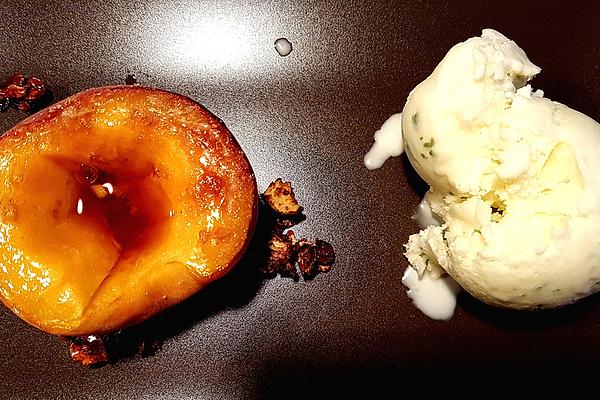Grilled Peach with Muesli Crunch and Basil Sour Cream Ice Cream