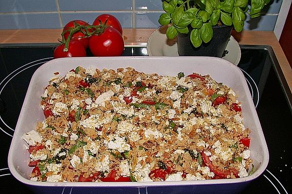 Light Tomato Casserole with Feta Cheese and Crispy Roasted Onion Top