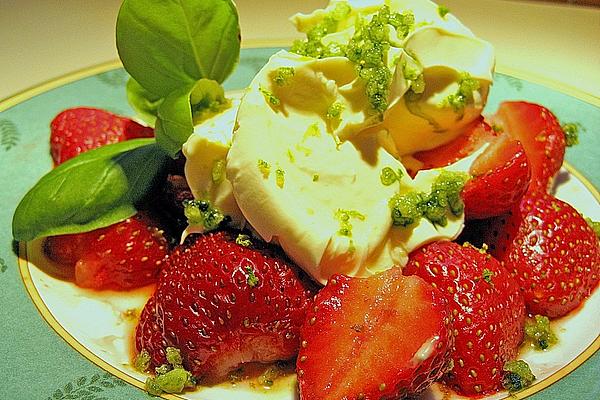 Marinated Strawberries with Creme Fraiche and Basil-lime Sugar