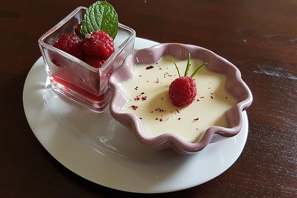 Mary T. Raspberry Panna Cotta with Lavender and Rosemary on Minted Thyme Raspberries