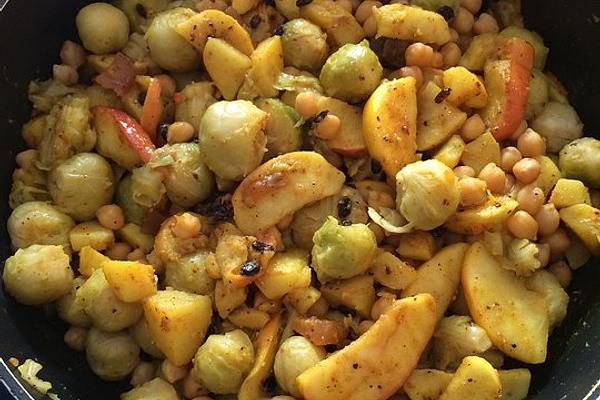 Oriental Brussels Sprouts Potato Pan with Apples, Chestnuts, Pistachios and Barberries