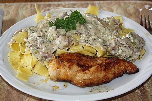 Pasta with Mushroom Sauce and Fried Chicken Breast