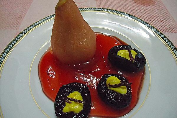 Poached Pear with Cinnamon Cream Filling and Red Wine Plums