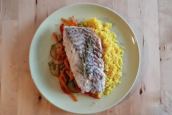 Pollock Loin with Vegetable Julienne and Turmeric Rice