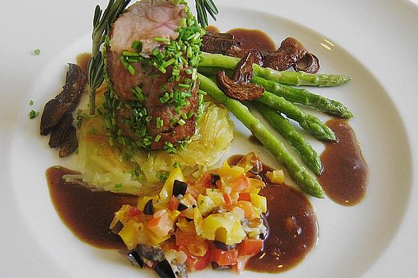 Pork Fillet on Potato Straw with Green Thai Asparagus, Porcini Mushrooms and Peppers – Olives – Vegetables