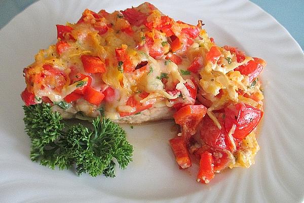 Pork Salmon Under Potato, Bell Pepper, Tomato and Cheese Topping