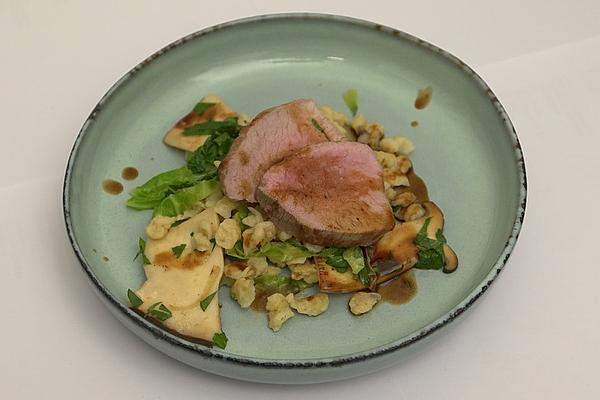 QSFP Milk Veal Roll with King Oyster Mushrooms and Savoy Cabbage Knöpfle