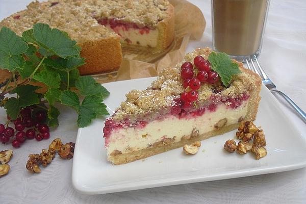 Red Currant Cheesecake with Crumble and Caramelized Hazelnuts