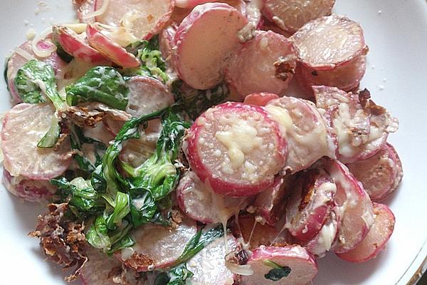 Roast Radishes with Cream Cheese and Braised Lamb`s Lettuce