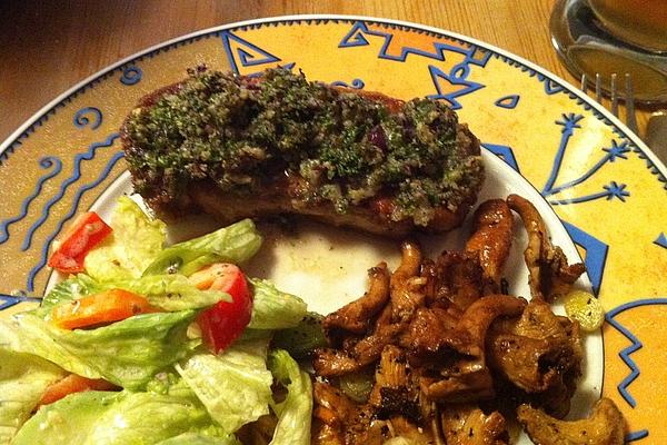 Saddle Of Veal Steak Under Herb Crust with Chanterelles