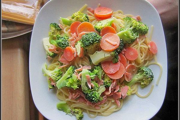 Spaghetti in Creamy Vegetable Sauce with Smoked Salmon
