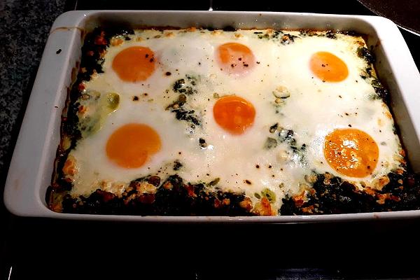 Spinach Minced Meat Lasagna with Fried Eggs