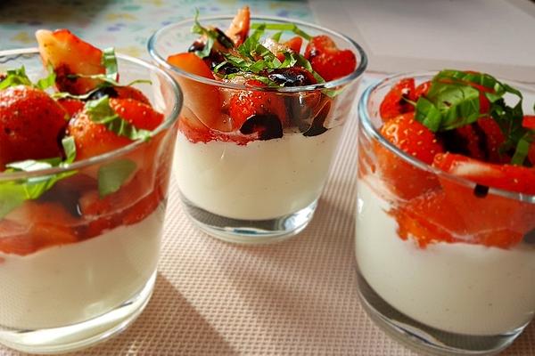 Strawberries, Seasoned with Pepper, Basil and Balsamic Vinegar on Mascarpone Cream