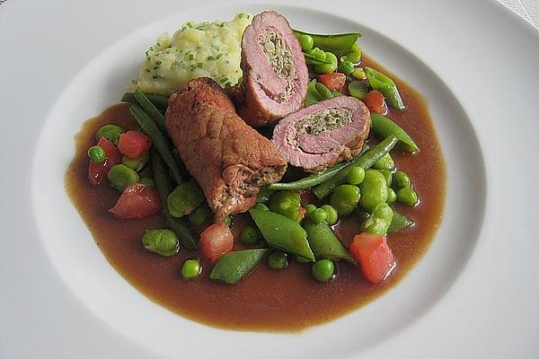 Veal Rolls with Chicken Farce Filling on Vegetable Variation